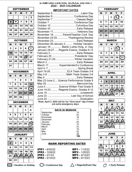 Stamford Central School District Calendar 2022 and 2023 ...